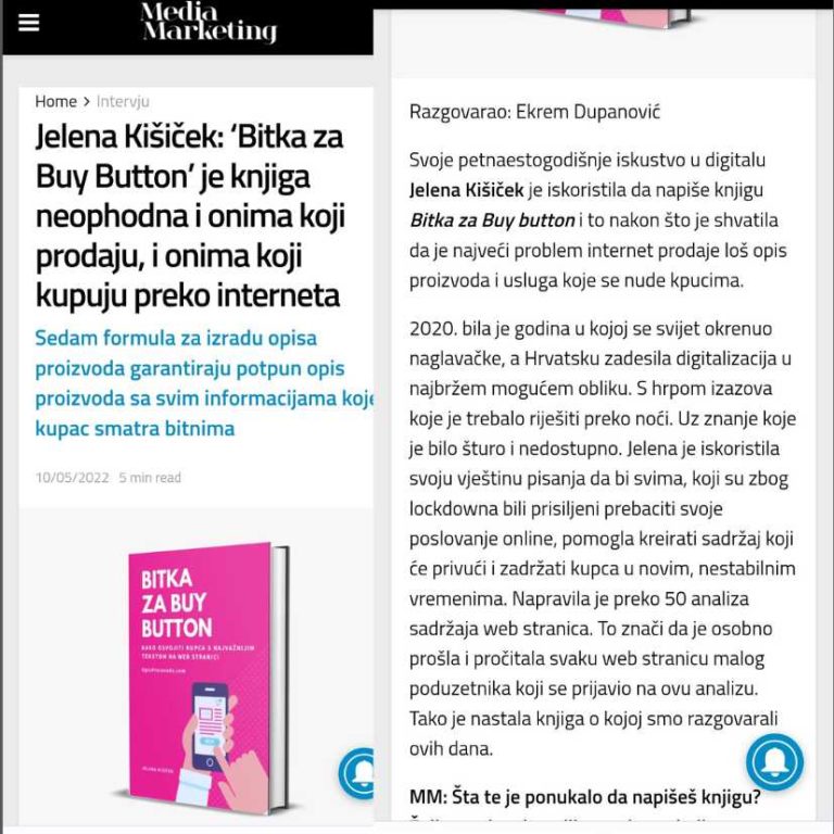 Tekst o Jeleni Kišiček i knjizi Bitka za Buy Button - jedina knjiga za opis proizvoda na Balkanu - u Media Marketingu - najvažnijem mediju oglašivačke industrije