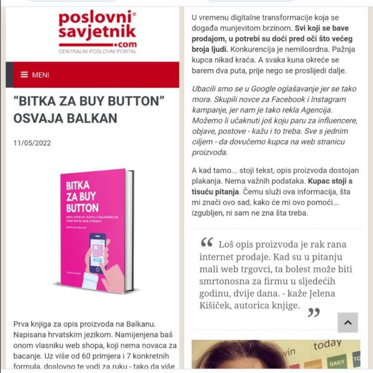 Članak o Jeleni Kišiček i jedinoj knjizi za opis proizvoda na Balkanu "Bitka za Buy Button" u Poslovnom Savjetniku - centralnom portalu za business u Hrvatskoj
